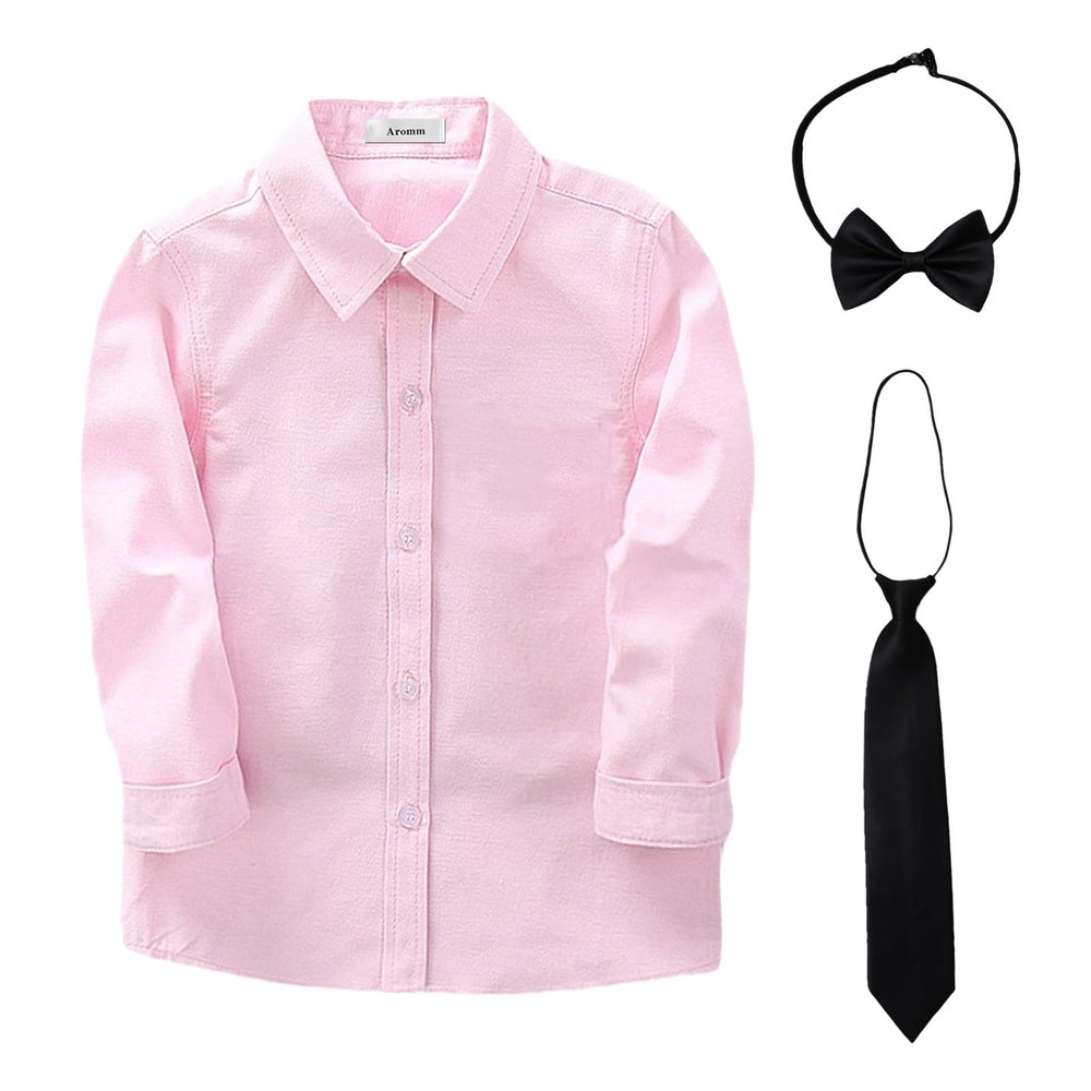 Boys Uniform Dress Shirt Cotton Long Sleeve Button Down Pink Tops with Tie & Bowtie Set for School Church Wedding, 130