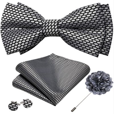 YOHOWA Mens Bow Tie Set Silver Black Pre-tied Bowties Adjustable with Handkerchief Cufflinks Wedding Prom Party