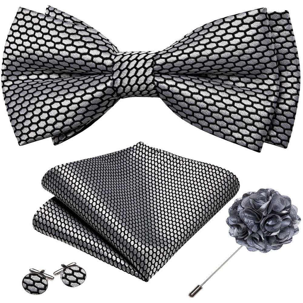 YOHOWA Mens Bow Tie Set Silver Black Pre-tied Bowties Adjustable with Handkerchief Cufflinks Wedding Prom Party