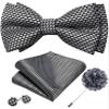 YOHOWA Mens Bow Tie Set Silver Black Pre-tied Bowties Adjustable with Handkerchief Cufflinks Wedding Prom Party view 1