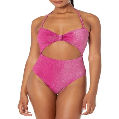 BCBGeneration Women's Standard One Piece Swimsuit Knot Front Cut Out Tummy Control Quick Dry Bathing Suit, Berry, Large