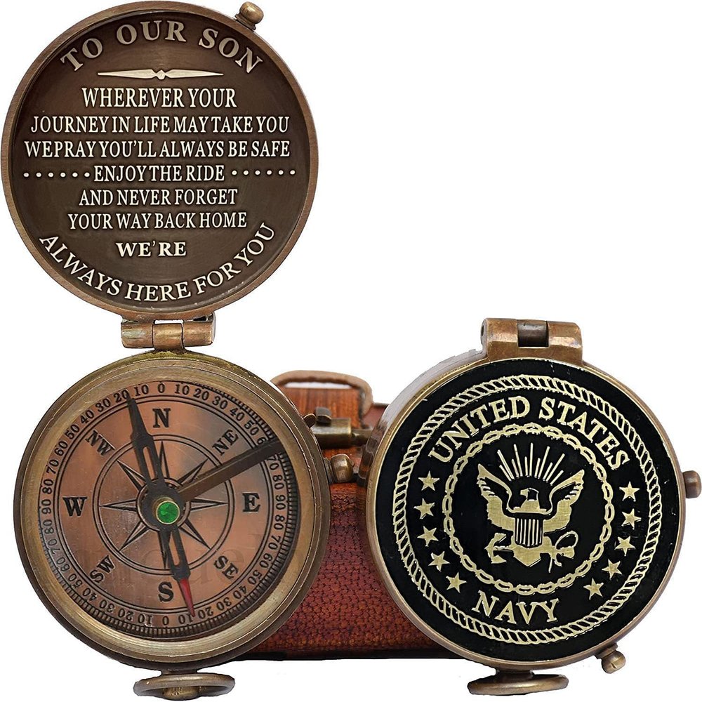 Personalized Engraved Antique Brass Poem Compass with Leather Case - Gift for Army, Navy, Airforce, Retirement Gift, Marine Corps Gift, Baptism Gift Compass (United State B Navy)