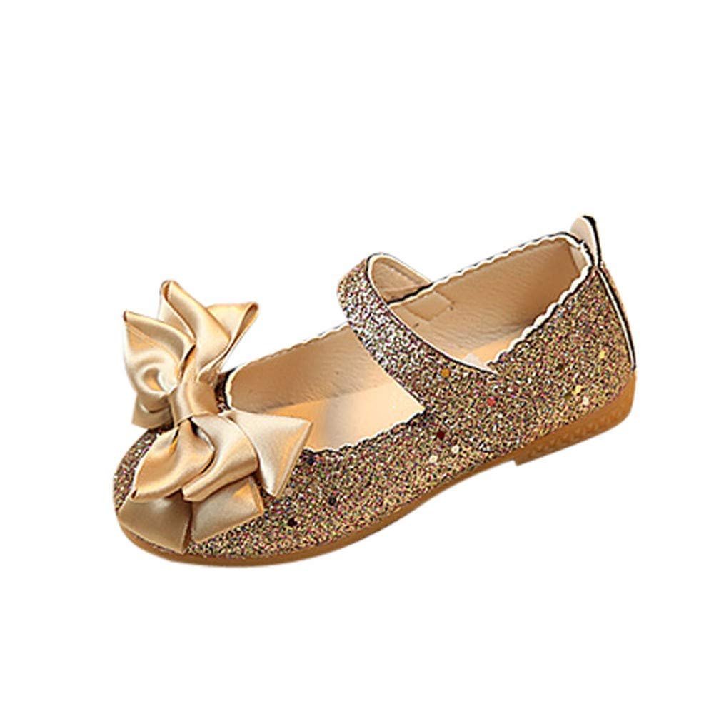 Children Baby Girl Dance Single Shoes Kid Non-Slip Soft Sole Bowknot Wedding School Dress Shoes Toddler Girl Gress Shoes (Gold, 24)