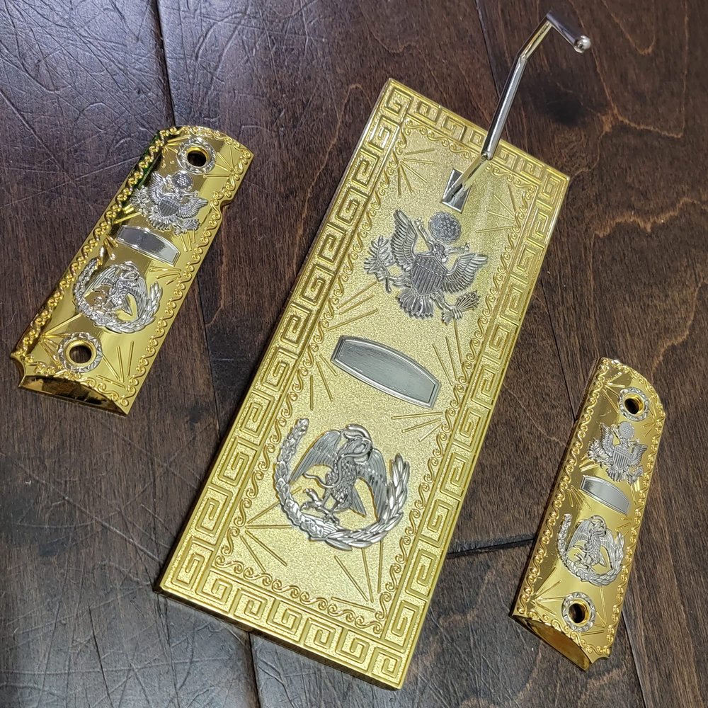 Mexican Eagle 1911 Grips Full Size + Gun Stand/Display for Kimber, Colt, Rock Island, Springfield, Taurus, & Clones - 1911 Full Size Metal Gold Nickel Plated