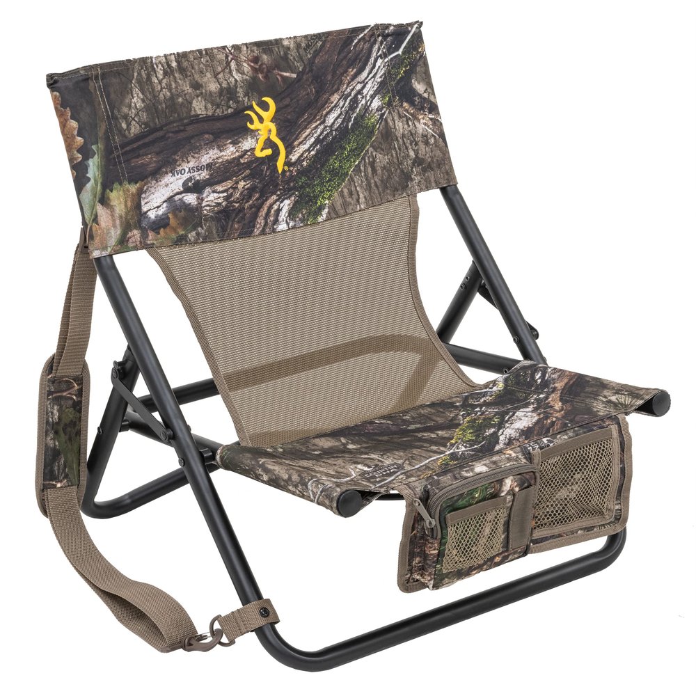 Browning Low-Profile Woodland Hunting Chair with Flat-Folding Design, Durable Steel Frame, Hanging Call Organizer Pocket, and Padded Shoulder Carry Strap, Mossy Oak Country DNA