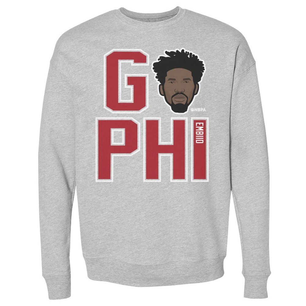 500 LEVEL Joel Embiid Sweatshirt (Crew Sweatshirt, XX-Large, Heather Gray) - Joel Embiid GO PHI R WHT