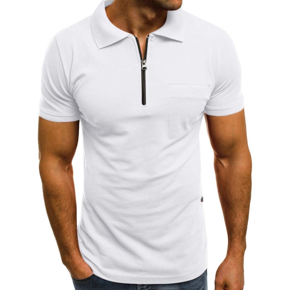 QWENTMTNTY Men's Short Sleeve Polo Shirts Slim Fit Zipper Collared Muscle T Shirts Casual Summer Solid Athletic Tees Pocket White