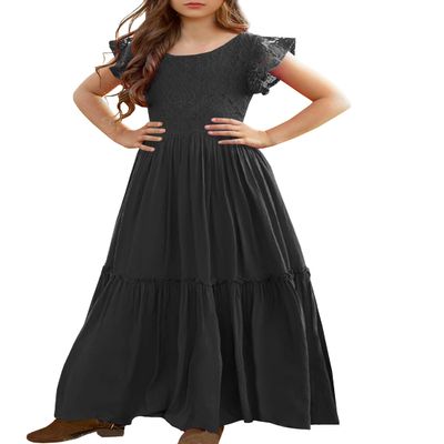 MITILLY Girls Lace Flower Ruffle Sleeve A-Line Swing Wedding Party Long Maxi Dress with Pockets 8 Years Black, Kid