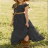 MITILLY Girls Lace Flower Ruffle Sleeve A-Line Swing Wedding Party Long Maxi Dress with Pockets 8 Years Black, Kid view 4