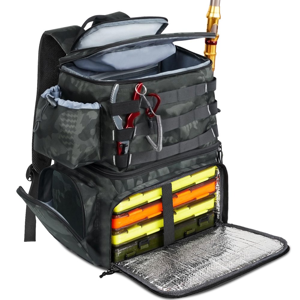 MATEIN Fishing Backpack, Water Resistant Fishing Tackle Box Bag with Rod Holders & Cooler, Gear Gifts for Men