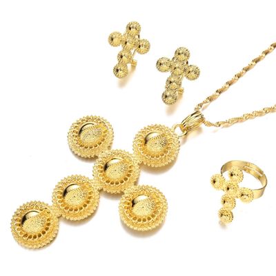 CB Gold Jewelry Ethiopian Wedding Big Cross Set for Women Girl 24k Gold Color Jewelry African Crosses (gold)