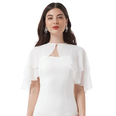 Loloda Women Ruffle Chiffon Shoulder Cape Shawl Evening Party Wedding Dress Cover Up Wrap Top White One Size