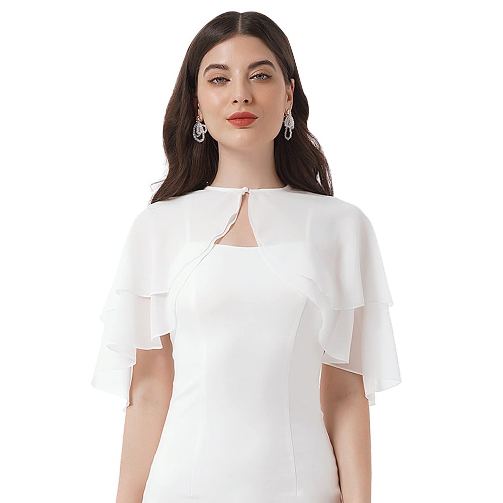 Loloda Women Ruffle Chiffon Shoulder Cape Shawl Evening Party Wedding Dress Cover Up Wrap Top White One Size