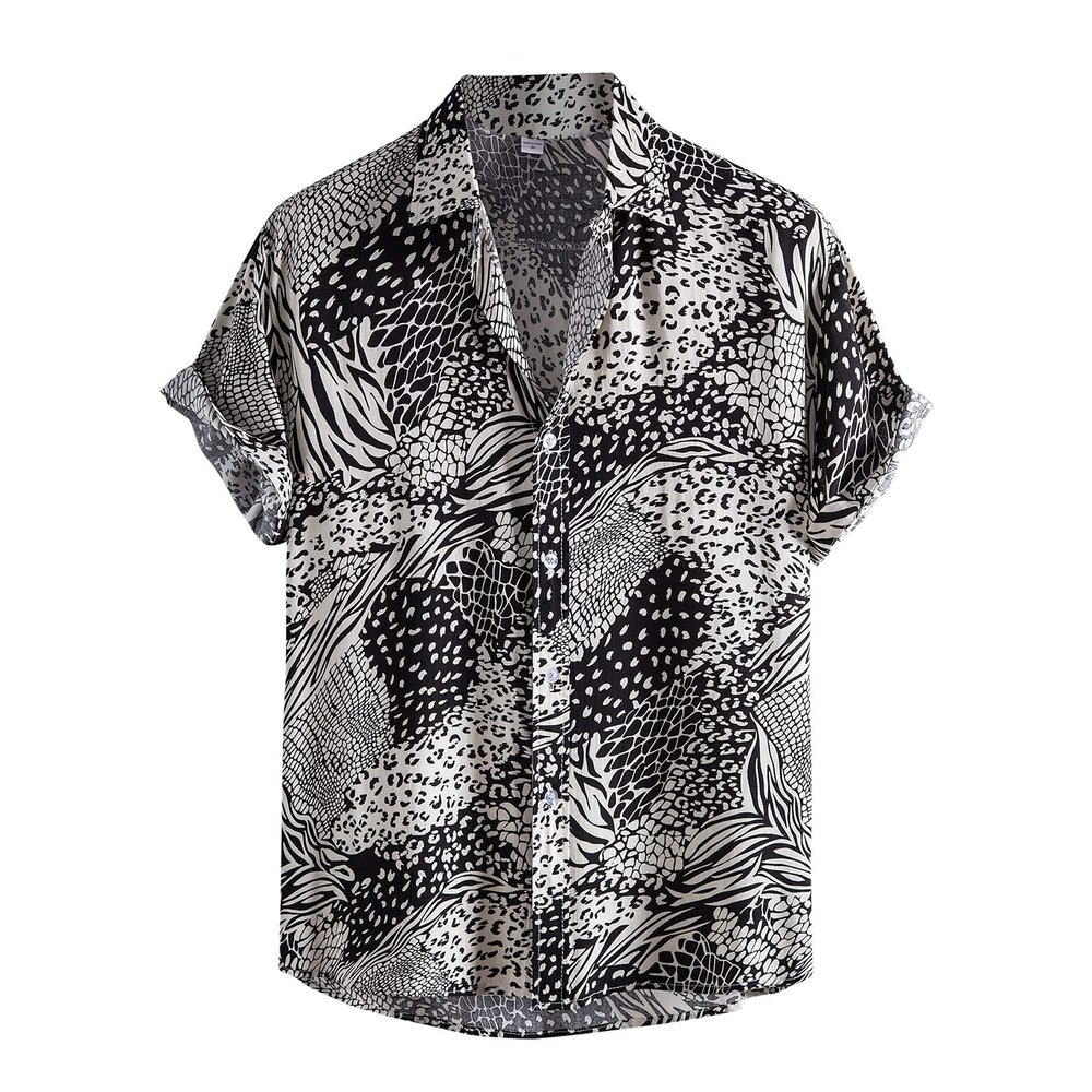 QWENTMTNTY Beach Shirts for Men Short Sleeve Summer Print Casual Loose Fit T Shirt Big and Tall Button Up Hawaiian Shirts Black