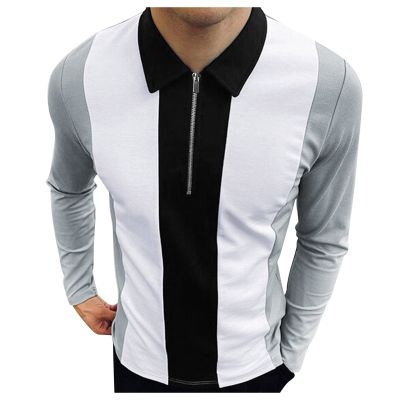 Men's Striped Polo Shirts Long Sleeve Slim Fit Zipper Collared Casual Summer T Shirts Fashion Designer Patchwork Tops Gray