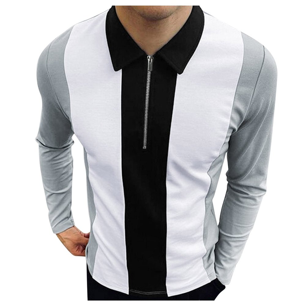 Men's Striped Polo Shirts Long Sleeve Slim Fit Zipper Collared Casual Summer T Shirts Fashion Designer Patchwork Tops Gray