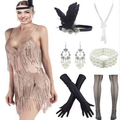 1920s Flapper Long Fringe Gatsby Roaring 20s Sequins Beaded Dress Vintage Art Deco Dress with 20s Accessories Set (XX-Large, Style L8 Gold)