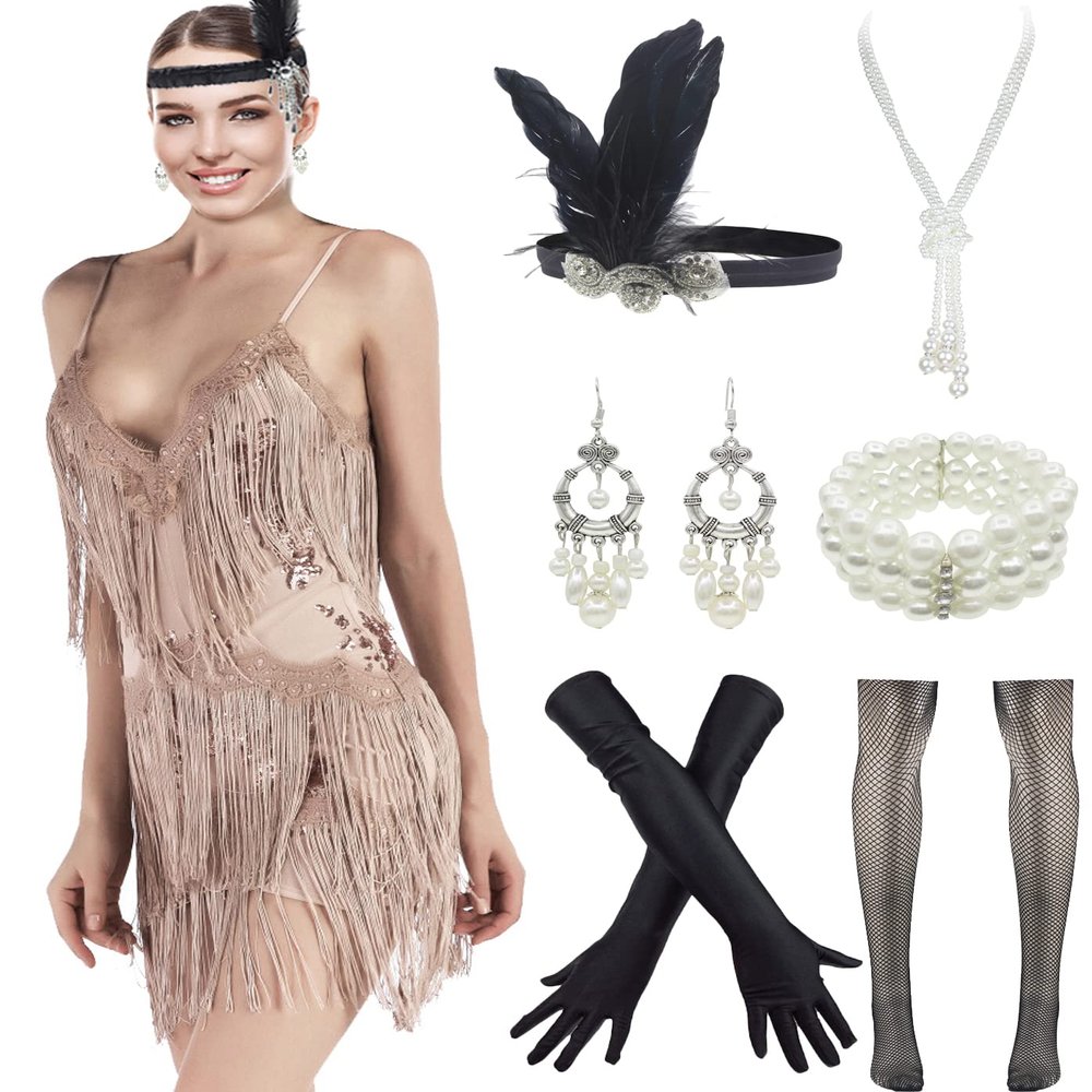 1920s Flapper Long Fringe Gatsby Roaring 20s Sequins Beaded Dress Vintage Art Deco Dress with 20s Accessories Set (XX-Large, Style L8 Gold)