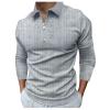 Long Sleeve Polo Shirts for Men Cotton Zipper Collar Big and Tall Fashion Striped T Shirts Classic Fit Golf Tees Tops Gray view 2