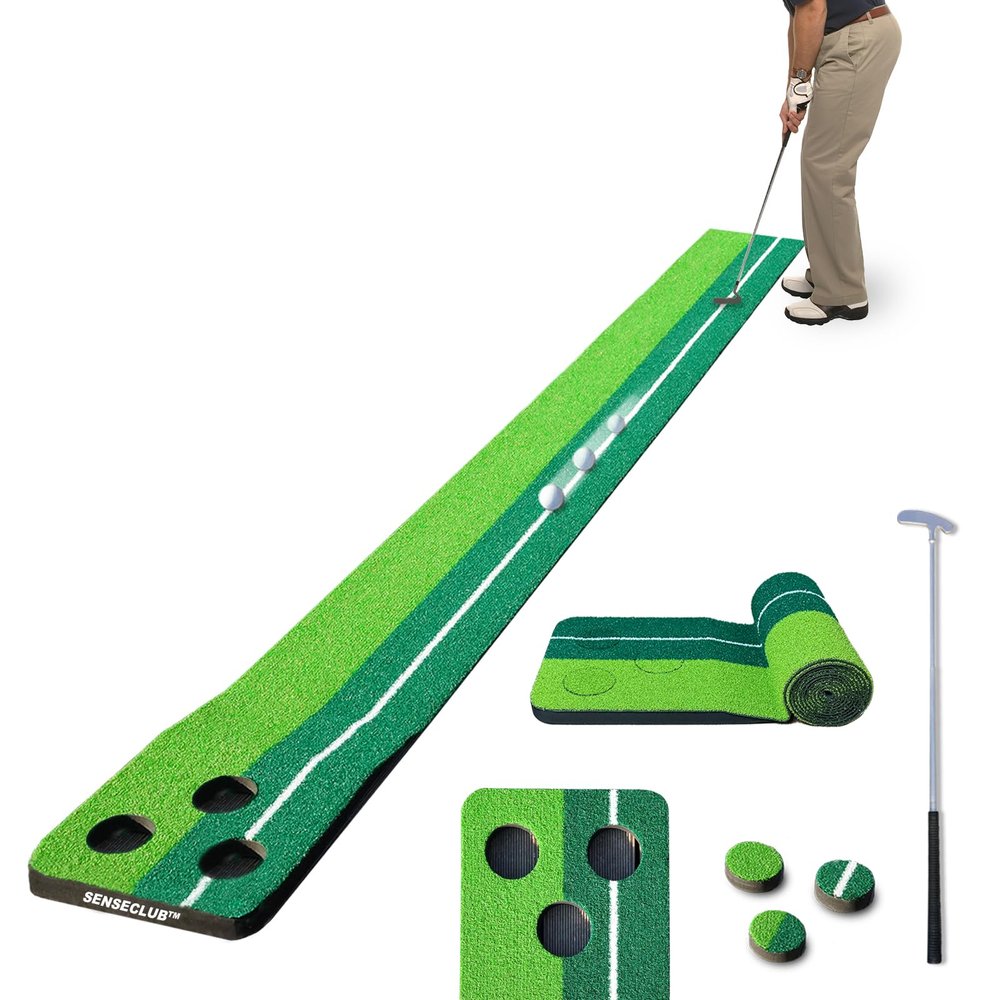SENSECLUB Indoor Putting Green, Foldable Putting Mat Golf Game Set, Golf Gifts for Men - 1x8 Ft with Putter