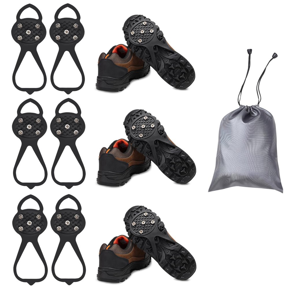 3 Pairs Non Slip Gripper Spike, Ice Grippers Traction Cleats Snow Shoe Spikes Grips Crampons with 10 Steel Studs Cleats