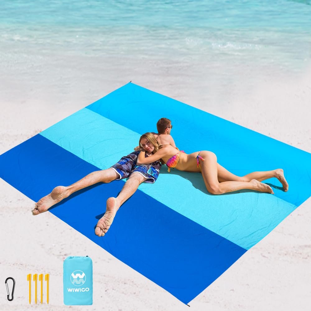 WIWIGO Beach Blanket Waterproof Sandproof Beach Mat 79" X 83"/10'x9'for 2-8 Adults Quick Drying Outdoor Picnic Mat Beach Accessories for Travel, Camping, Hiking