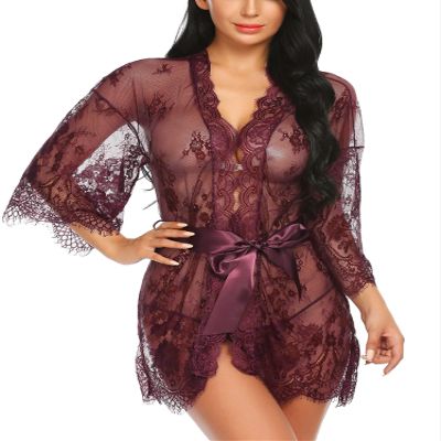 Avidlove Women's Lace Kimono Robe Babydoll Lingerie Mesh Nightgown Wine Red