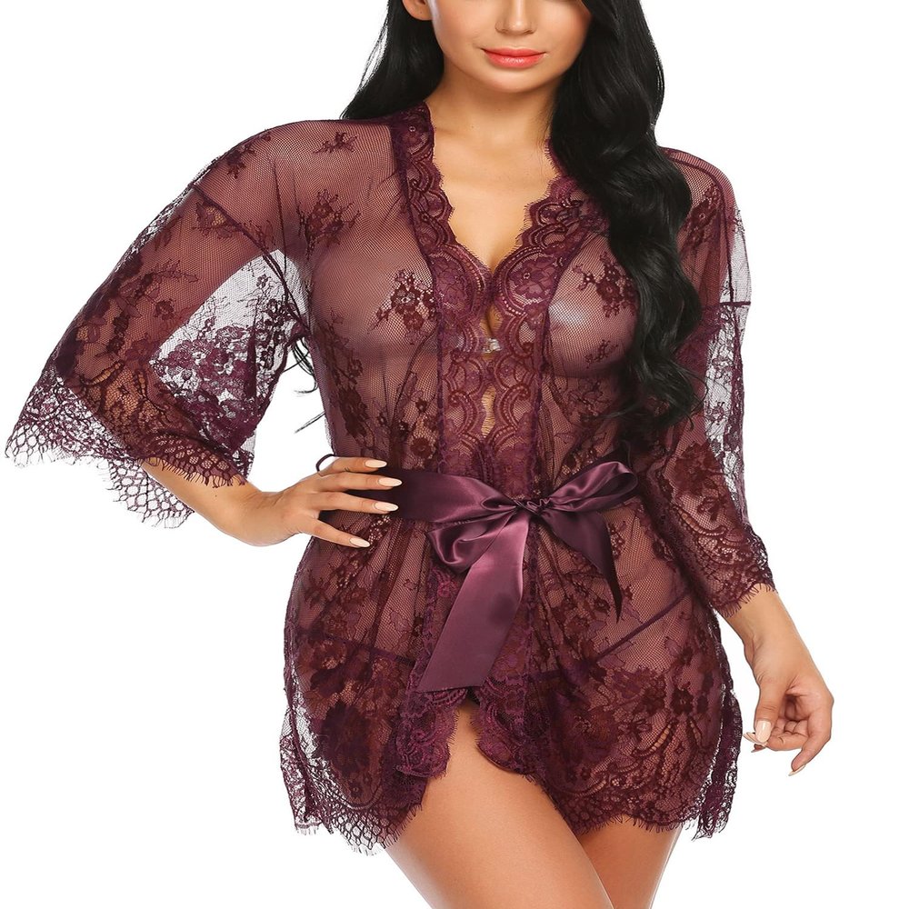 Avidlove Women's Lace Kimono Robe Babydoll Lingerie Mesh Nightgown Wine Red