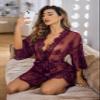 Avidlove Women's Lace Kimono Robe Babydoll Lingerie Mesh Nightgown Wine Red view 4