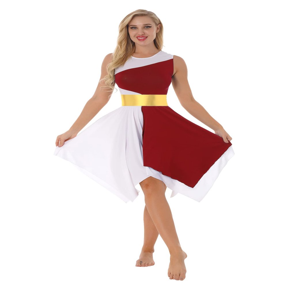 Aislor Women's Asymmetrical Liturgical Praise Dance Dress Tunic Sleeveless Color Block Lyrical Dance Costume Burgundy Medium