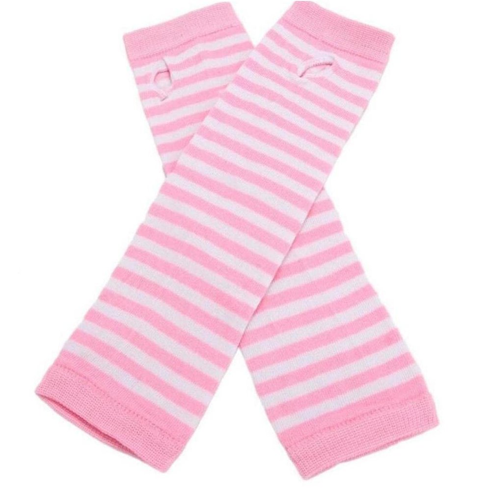 1 Pair Pink Striped Fingerless Gloves Women Long Elbow Mittens Winter Arm Warmer Thumb Hole Knitted Gloves for Girls