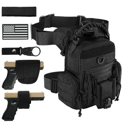 LarKoo Military Tactical Drop Thigh Pouch Bag Cross Over Leg Concealed Carry Leg Convertible Shoulder Bag with Double Removable Pistol Holster