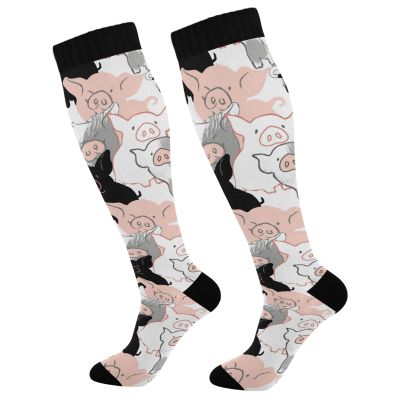 Seamless White Black Pink Pig Texture 1 Pair Unisex Compression Crew Knee High Sock Long Athletic Soft Circulation Socks for Running,Medical Nurse,Travel,Cycling