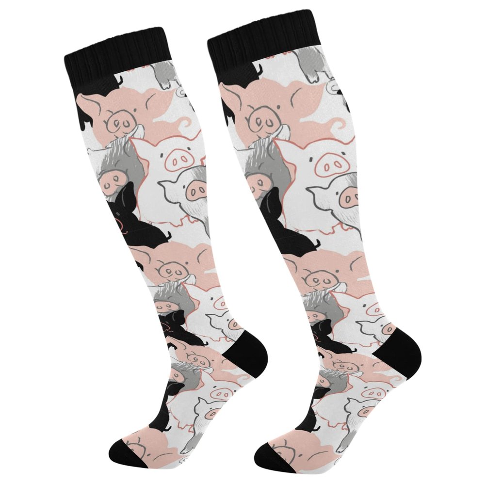 Seamless White Black Pink Pig Texture 1 Pair Unisex Compression Crew Knee High Sock Long Athletic Soft Circulation Socks for Running,Medical Nurse,Travel,Cycling