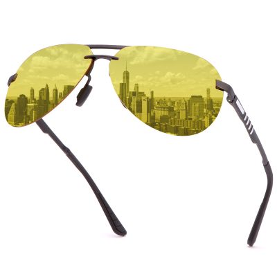 Aviator Night-Vision Glasses for Men Women Clear Sight Night Time Safe Driving Glasses Spring Hinge Anti-Glare Polarized Yellow Lens Al-Mg Metal Frame Pilot Eyewear UV400 Protection Classic Sunglasses