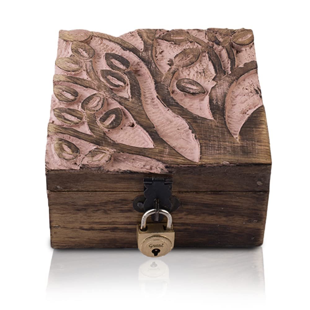 Great Birthday Gift Handmade Decorative Wooden Jewelry Box With Tree Of Life Carving & Lock & Key Jewelry Organizer Keepsake Box Treasure Chest Trinket Holder Watch Box Storage Lock Box (Pink)
