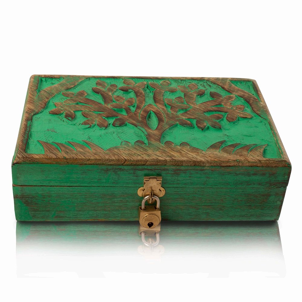 Handmade Decorative Wooden Jewelry Box Tree Of Life Carving & Lock & Key Jewelry Organizer Keepsake Box Treasure Chest Trinket Holder Watch Box Storage Lock Box 8 x 5 Inches (Green)