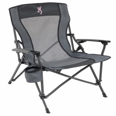 Browning Folding Camping Chairs for Adults - Durable Mesh Fabric Over Sturdy Powder Coated Steel Frame, Armrests Cup Holder, and Shoulder Carry Bag, Charcoal/Pink Buckmark
