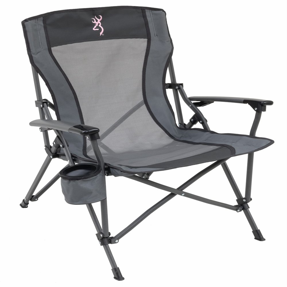 Browning Folding Camping Chairs for Adults - Durable Mesh Fabric Over Sturdy Powder Coated Steel Frame, Armrests Cup Holder, and Shoulder Carry Bag, Charcoal/Pink Buckmark