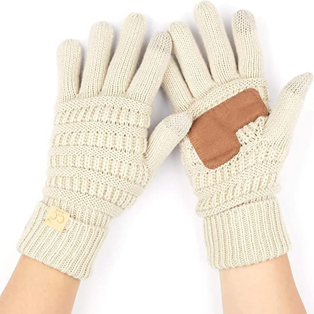 Funky Junque Kids Touchscreen Gloves Soft Stretchy Knit Winter Gloves for Boys & Girls Ages 47, Warm Cozy Cold Weather Accessories - Beige