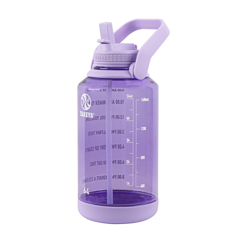 Takeya Motivational Water Bottle with Straw Lid and Time Marker (64 oz, Vivacity Purple) - Leakproof, BPA Free Water Bottle for Daily Intake Tracking