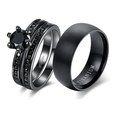 LOVERSRING Couple Ring Bridal Sets His Hers Women 18k Black Gold Plated Cz Men Titanium Wedding Ring Band Set