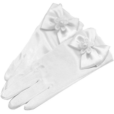 Flower Girls Gloves Short Lace Princess Gloves Bridesmaids Wedding Dress Gloves with Bowknot Pearl Decor for Communion Prom