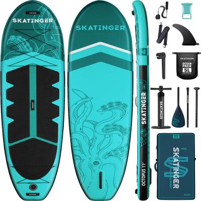 Skatinger 11'x34'' Extra Wide Inflatable Paddle Board, Up to 420lbs Stand-up Paddle Boards for Adults, Stable SUP for 2 People/Family, 3-PCS Paddle, Shoulder Strap, US Fin