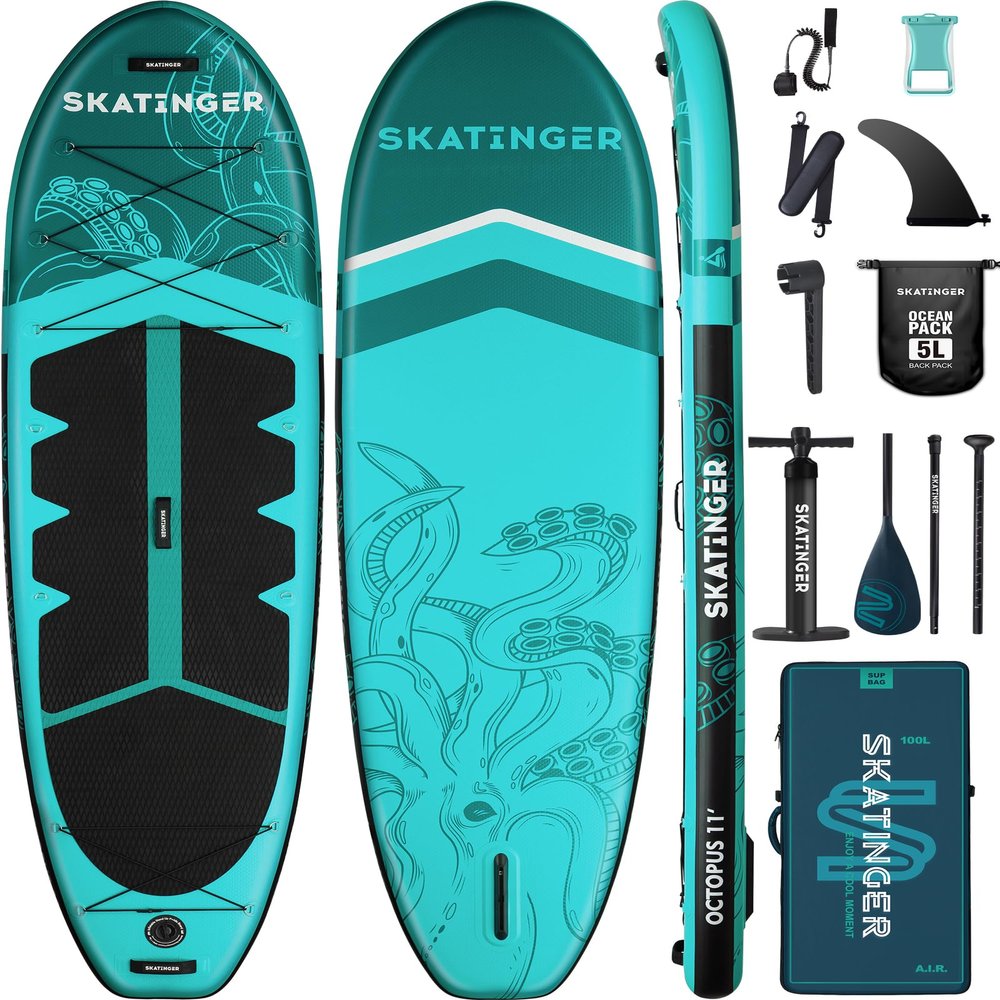 Skatinger 11'x34'' Extra Wide Inflatable Paddle Board, Up to 420lbs Stand-up Paddle Boards for Adults, Stable SUP for 2 People/Family, 3-PCS Paddle, Shoulder Strap, US Fin