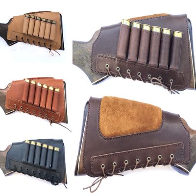Leather Shotgun Shell Ammo Stright Buttstock Holder Carrier Cover Suede Padded Cheek Rest (12 Gauge, Left Handed, Brown)
