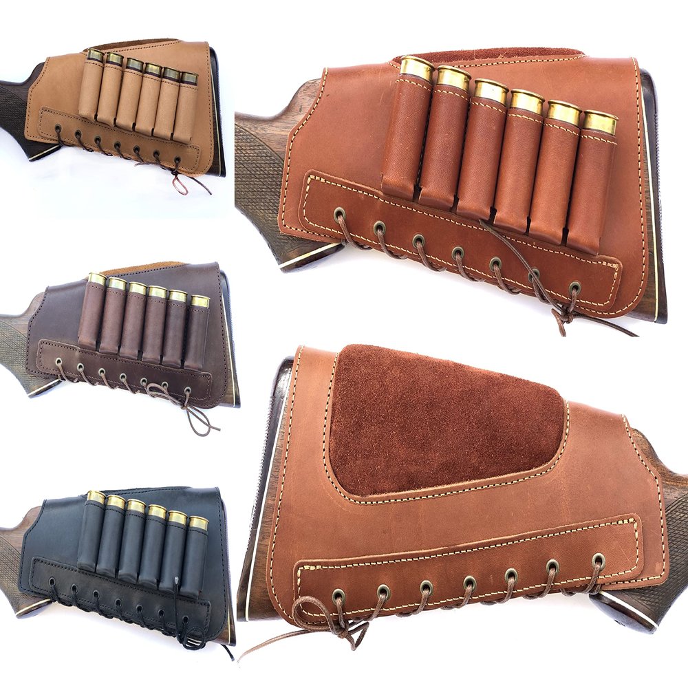 Leather Shotgun Shell Ammo Stright Buttstock Holder Carrier Cover Suede Padded Cheek Rest (12 Gauge, Left Handed, Mahogany)