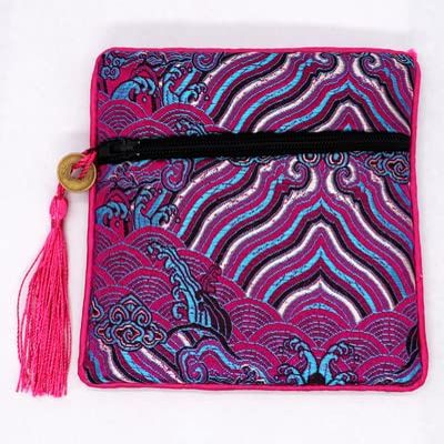 Only My Live Home Vintage Zipper Jewelry Gift Bag Luxury Packaging Chinese style Silk Brocade Jewellery Storage Bracelet Pouch with Lined (10, fuchsia)