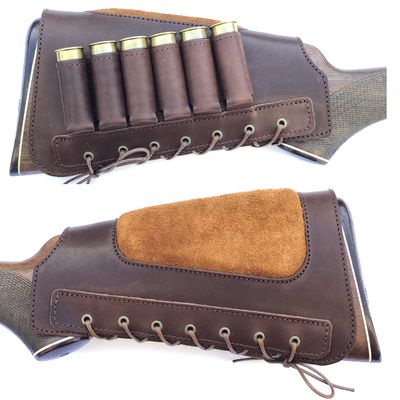 Leather Shotgun Shell Ammo Stright Buttstock Holder Carrier Cover Suede Padded Cheek Rest (12 Gauge, Right Handed, Brown)