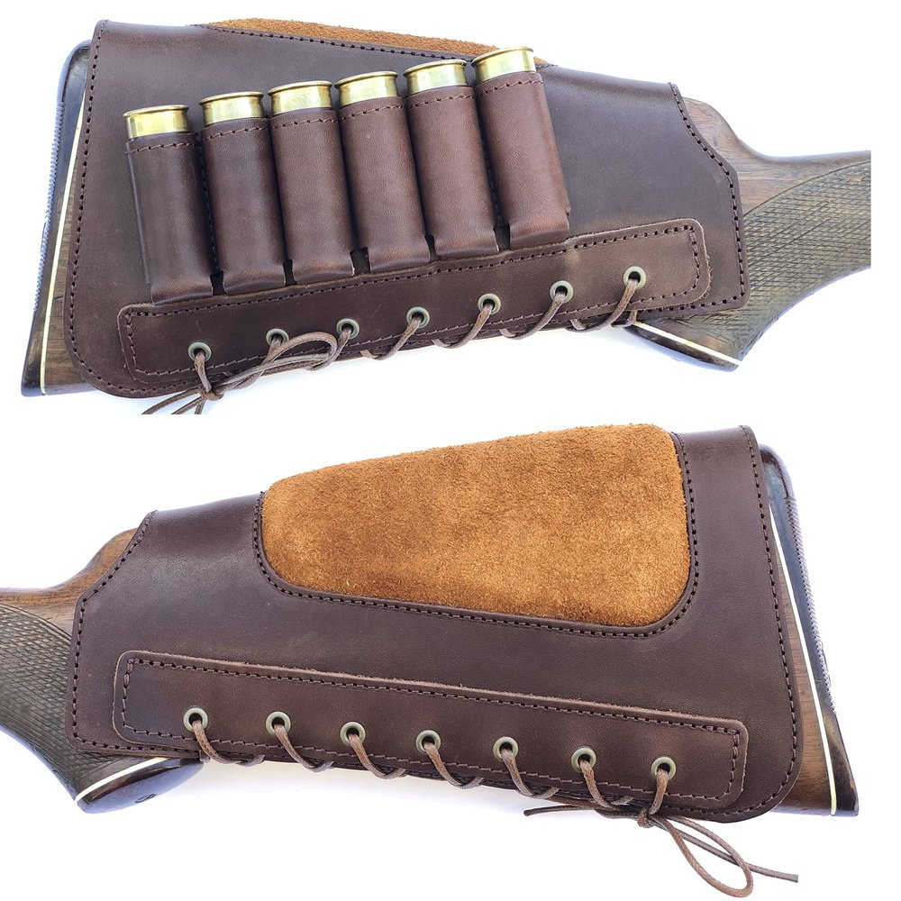 Leather Shotgun Shell Ammo Stright Buttstock Holder Carrier Cover Suede Padded Cheek Rest (12 Gauge, Right Handed, Brown)